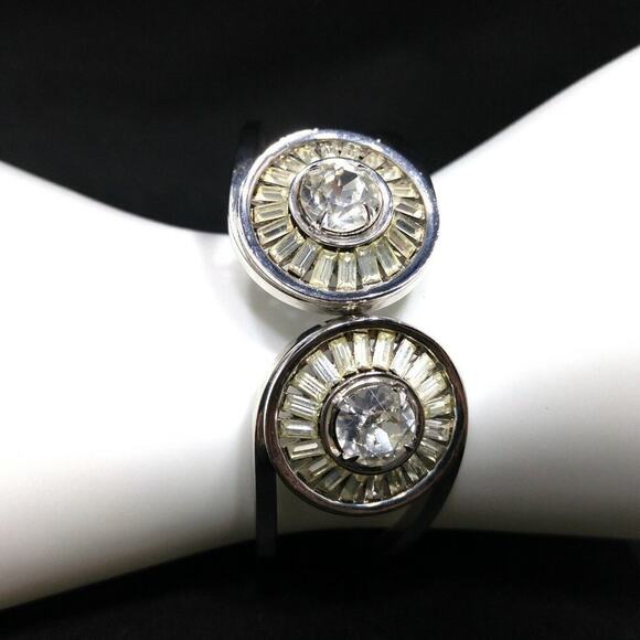 Vintage Clear Rhinestone Hinged Clamper Bracelet, Rhodium Plated, Wedding Cuff - Picture 3 of 9